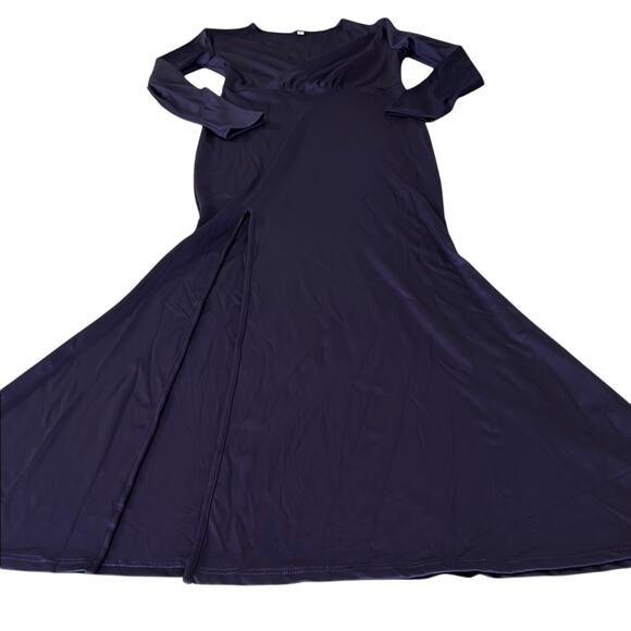 Navy Blue Purple Long Sleeve Gown with Cross V-Neck Extra Long Slit Bodycon - Picture 5 of 12